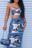 Blue Sexy Casual Print Backless Slit One Shoulder Sleeveless Two Pieces