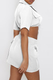 White Casual Solid Bandage Patchwork Turndown Collar Short Sleeve Two Pieces