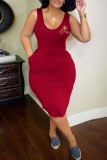 Red Casual Print Basic U Neck Vest Dress Dresses