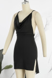 Brownness Sexy Solid Patchwork Backless Slit Spaghetti Strap One Step Skirt Dresses