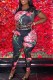 Black Red Casual Print Patchwork Letter O Neck Short Sleeve Two Pieces