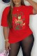 Red Casual Print Letter O Neck T-Shirts