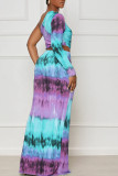 Light Blue Sexy Print Hollowed Out Patchwork Slit Oblique Collar Straight Dresses