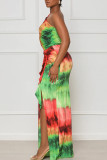 Light Blue Sexy Print Hollowed Out Patchwork Slit Oblique Collar Straight Dresses