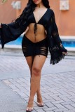 Pink Sexy Casual Solid Bandage See-through V Neck Long Sleeve Two Pieces