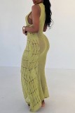 Khaki Sexy Solid Hollowed Out See-through O Neck Sleeveless Dress Dresses