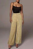 Gold Casual Patchwork Regular High Waist Conventional Solid Color Trousers