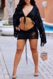 Pink Sexy Casual Solid Bandage See-through V Neck Long Sleeve Two Pieces