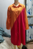 Yellow Red Casual Print Patchwork Buckle Turndown Collar Shirt Dress Dresses