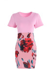 Pink Casual Print Patchwork O Neck One Step Skirt Dresses