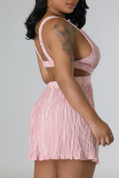Pink Sexy Solid Hollowed Out Patchwork V Neck Straight Rompers