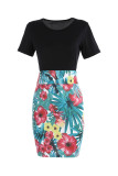 Pink Casual Print Patchwork O Neck One Step Skirt Dresses