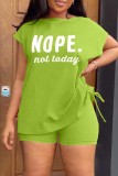 Green Black Casual Letter Print Basic O Neck Short Sleeve Two Pieces