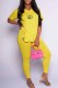Yellow Casual Print Slit Letter V Neck Short Sleeve Two Pieces