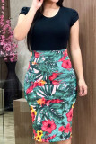 Pink Casual Print Patchwork O Neck One Step Skirt Dresses