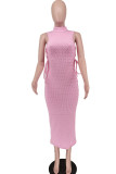 Pink Casual Solid Bandage Hollowed Out Patchwork O Neck Pencil Skirt Dresses