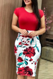 Pink Casual Print Patchwork O Neck One Step Skirt Dresses