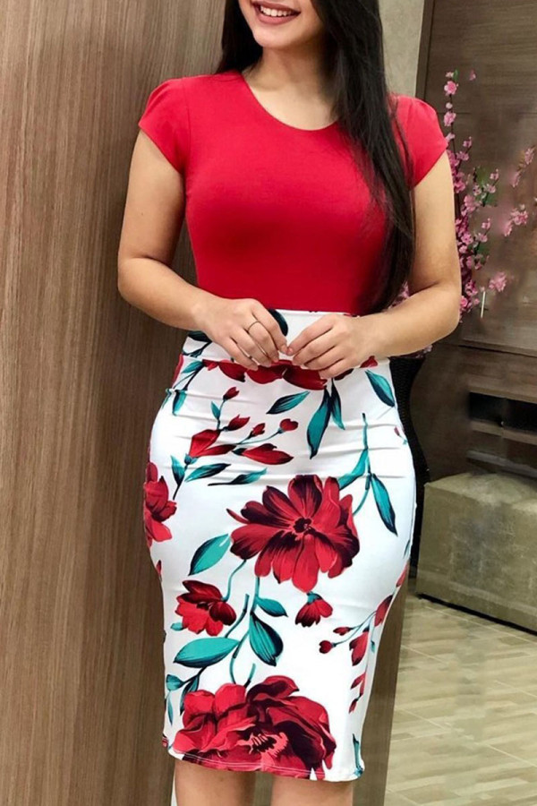 Red White Casual Print Patchwork O Neck One Step Skirt Dresses