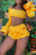 Yellow Sexy Solid Patchwork Stringy Selvedge Off the Shoulder Long Sleeve Two Pieces