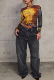 Yellow Sexy Print Patchwork See-through O Neck Tops