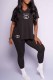 Black Casual Print Slit Letter V Neck Short Sleeve Two Pieces