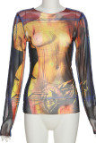 Yellow Sexy Print Patchwork See-through O Neck Tops