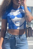 Blue Casual Print Basic O Neck T-Shirts
