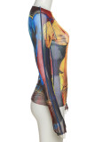 Yellow Sexy Print Patchwork See-through O Neck Tops