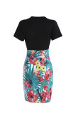 Pink Casual Print Patchwork O Neck One Step Skirt Dresses