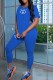 Blue Casual Print Slit Letter V Neck Short Sleeve Two Pieces