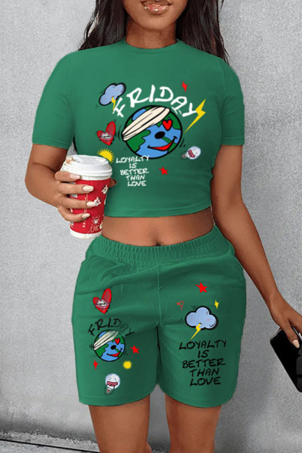 Green Casual Street Print Patchwork O Neck Short Sleeve Two Pieces