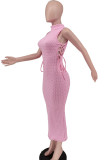 Pink Casual Solid Bandage Hollowed Out Patchwork O Neck Pencil Skirt Dresses