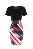 Pink Casual Print Patchwork O Neck One Step Skirt Dresses