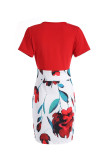 Pink Casual Print Patchwork O Neck One Step Skirt Dresses
