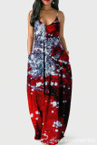 Red Blue Casual Print Patchwork Spaghetti Strap Sling Dress Dresses