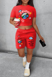 Red Casual Street Print Patchwork O Neck Short Sleeve Two Pieces