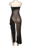 Black Sexy Solid Patchwork See-through Backless Slit Strapless Sleeveless Dress Dresses