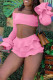 Pink Sexy Solid Patchwork Stringy Selvedge Off the Shoulder Long Sleeve Two Pieces