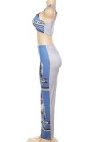 Blue Sexy Casual Print Backless Slit One Shoulder Sleeveless Two Pieces
