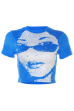 Blue Casual Print Basic O Neck T-Shirts