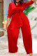 Red Casual Solid Bandage Patchwork Fold V Neck Long Sleeve Two Pieces