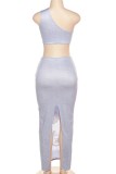 Blue Sexy Casual Print Backless Slit One Shoulder Sleeveless Two Pieces