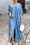 Light Blue Casual Solid Slit V Neck Long Dress Dresses