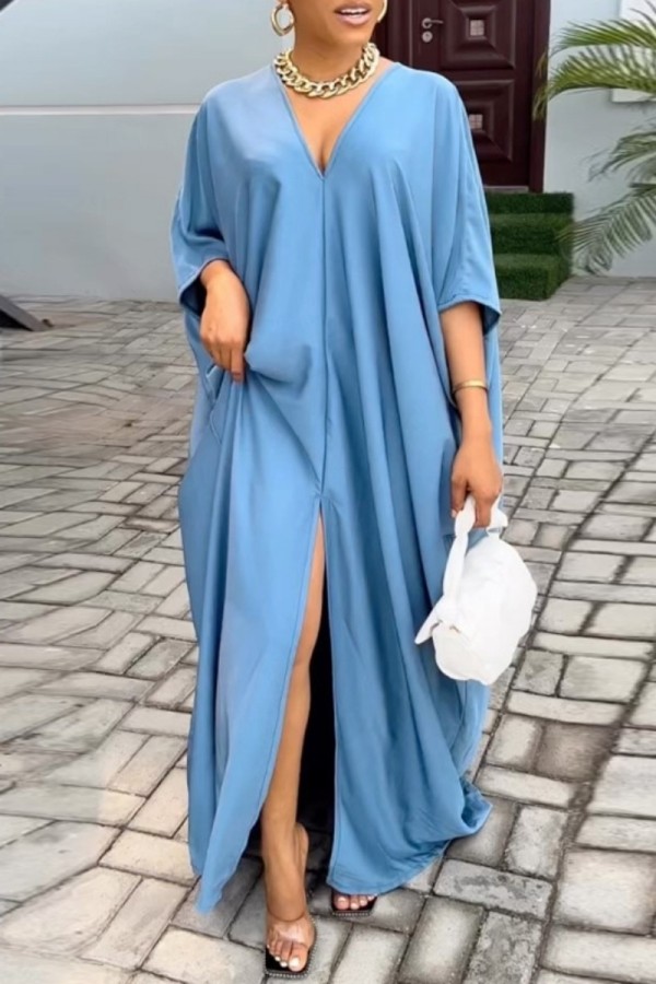 Light Blue Casual Solid Slit V Neck Long Dress Dresses