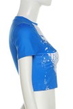Blue Casual Print Basic O Neck T-Shirts