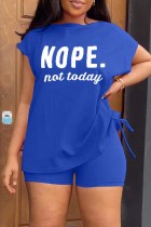 Blue White Casual Letter Print Basic O Neck Short Sleeve Two Pieces
