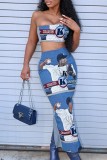 Blue Sexy Casual Print Backless Slit One Shoulder Sleeveless Two Pieces