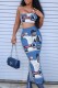 Blue Sexy Casual Print Backless Slit One Shoulder Sleeveless Two Pieces