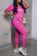 Rose Red Casual Print Slit Letter V Neck Short Sleeve Two Pieces