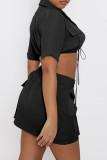 Black Casual Solid Bandage Patchwork Turndown Collar Short Sleeve Two Pieces